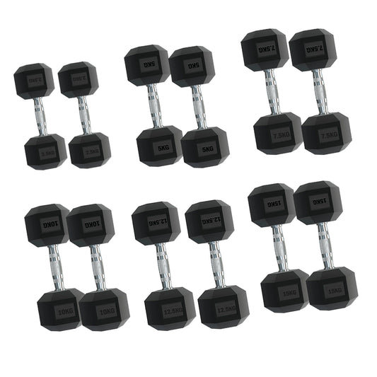 Set of black hex dumbbells on a white background