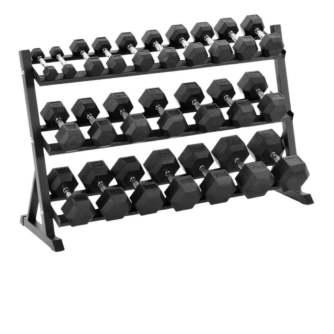 Premium Hex Dumbbells with 3-Layer Rack, 2.5kg–30kg Rubber-Coated Anti-Roll Weights with Chrome Knurled Handles for Home & Gym Strength Training