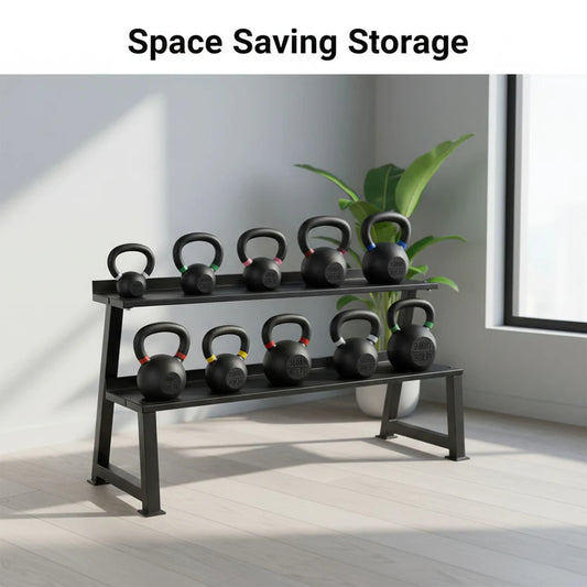 Kettlebell storage rack with kettlebells in a room with a plant and window.