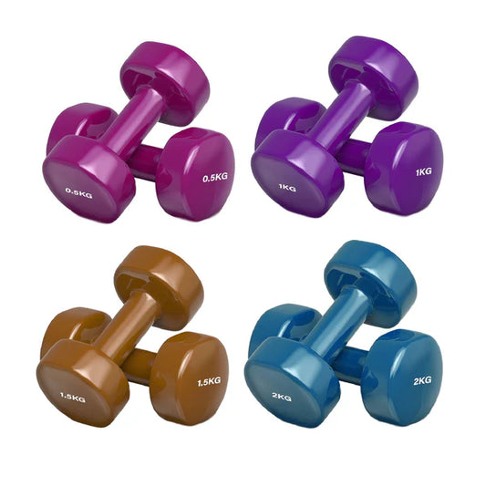 Set of purple, brown, and blue dumbbells with weight markings on a white background
