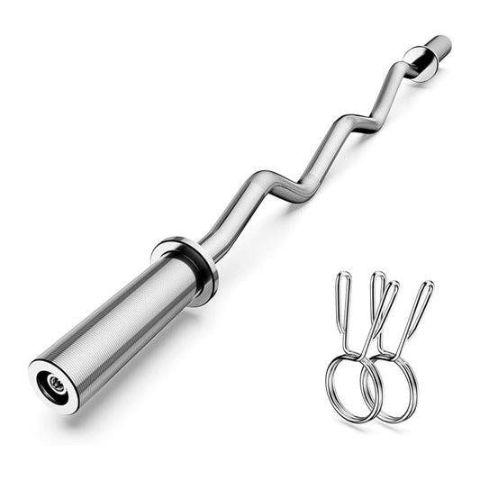 Olympic EZ Curl Bar 47" – Chrome Angled Barbell for Bicep Curls, Squats & Hip Thrusts – 500lb Capacity + 2 Spring Collars – Fits 2" Plates