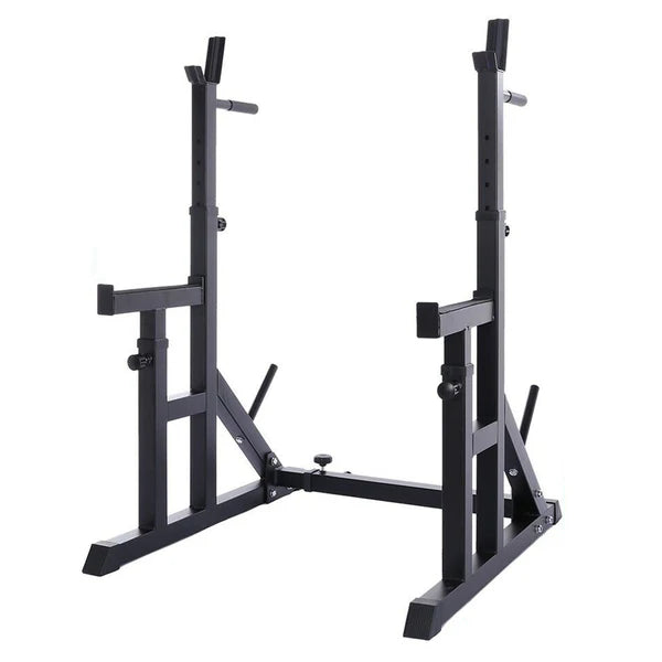 Adjustable Squat & Bench Press Rack 2.0 – Heavy-Duty Steel Frame with Multi-Position Spotter Arms, Dip Bars & Plate Storage for Home Gym Strength Training