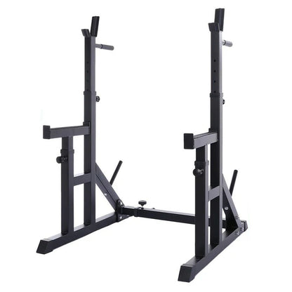 Adjustable Squat & Bench Press Rack 2.0 – Heavy-Duty Steel Frame with Multi-Position Spotter Arms, Dip Bars & Plate Storage for Home Gym Strength Training