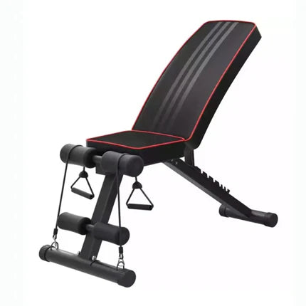 Black adjustable weight bench with red accents on a white background