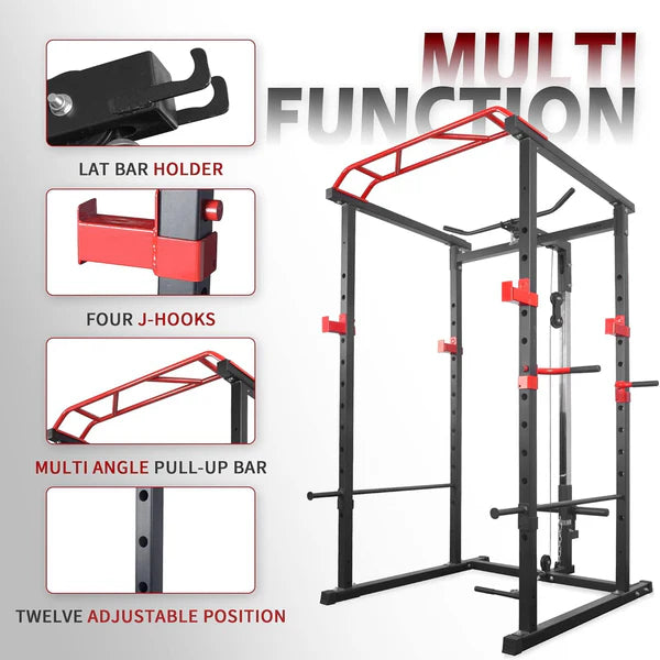 Multifunctional gym rack with various attachments on a gray background