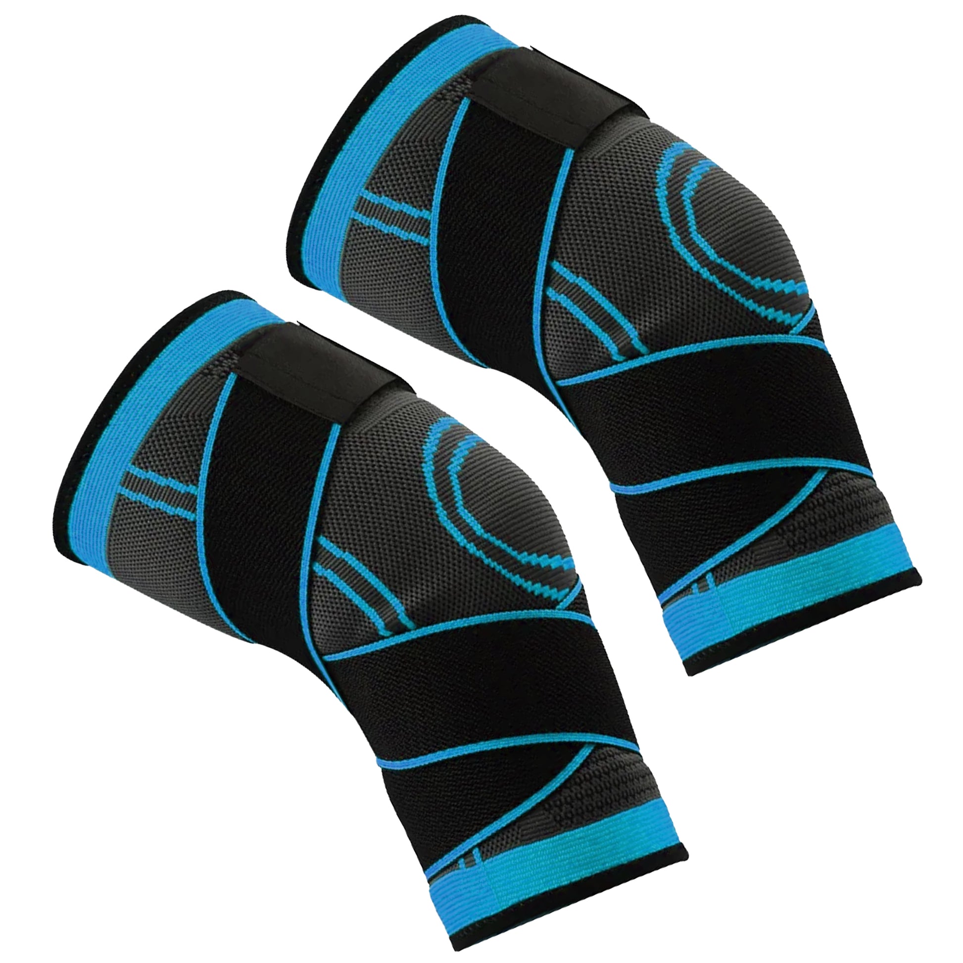 Pair of black and blue knee sleeves on a white background