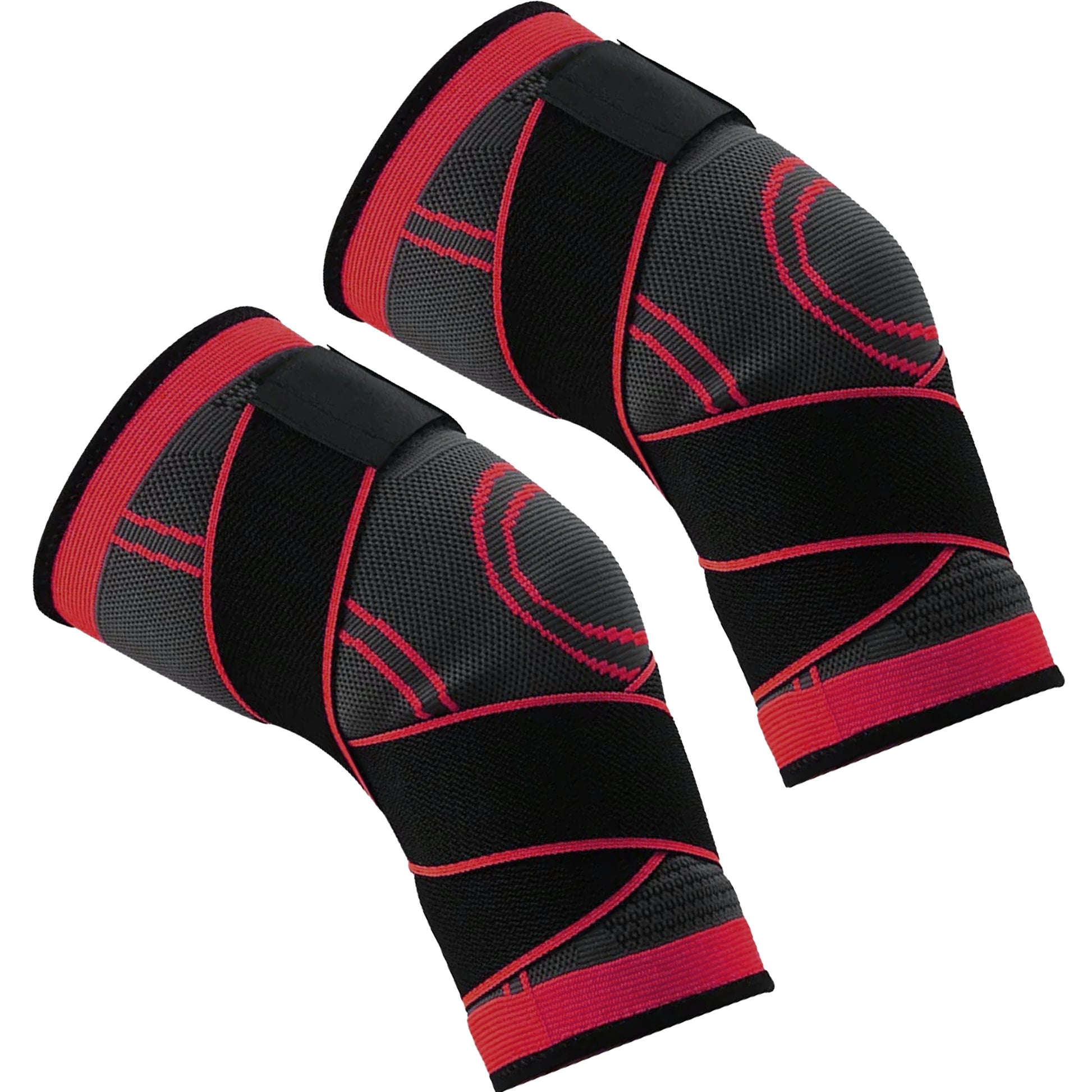 Pair of black and red knee sleeves on a white background
