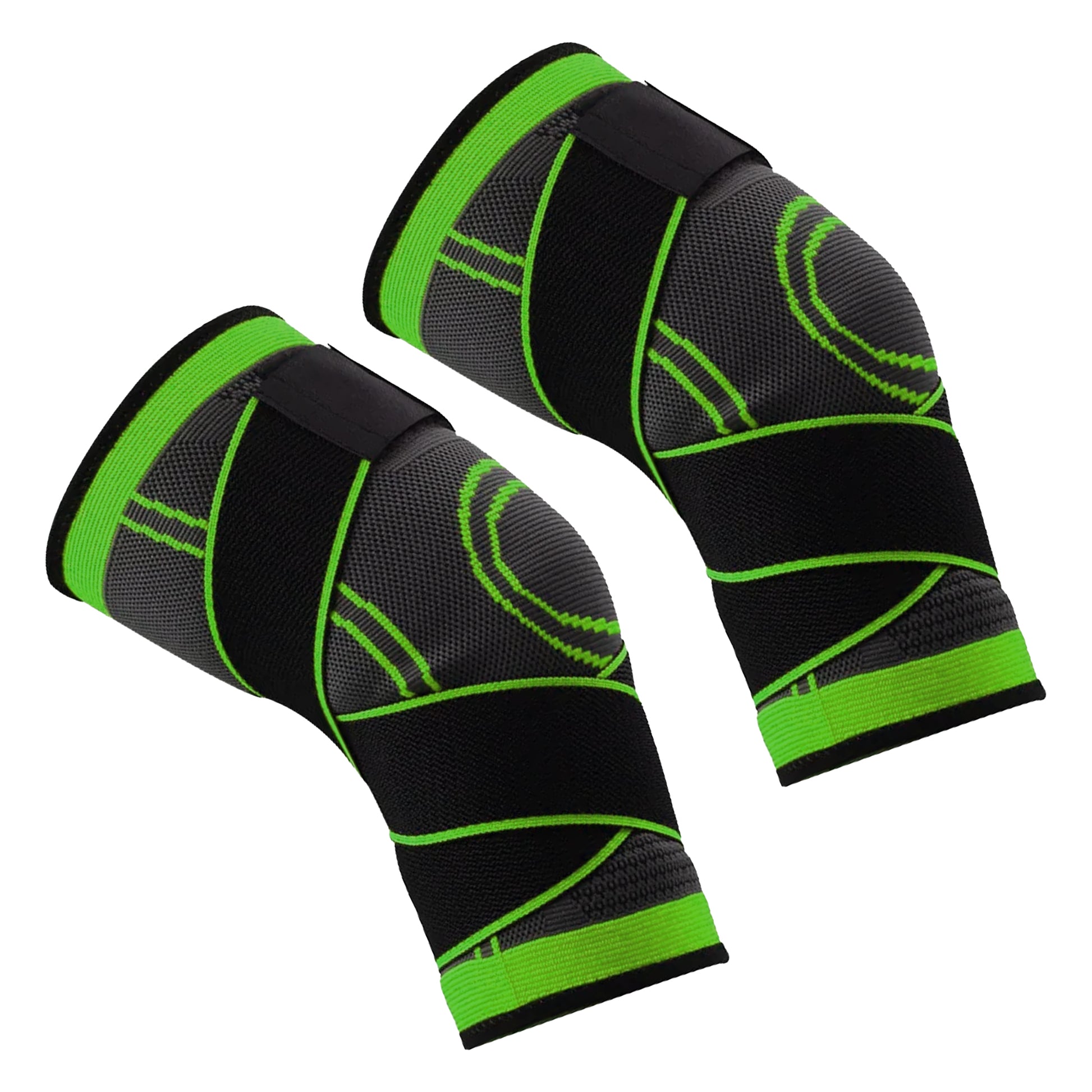 Pair of black and green knee sleeves on a white background