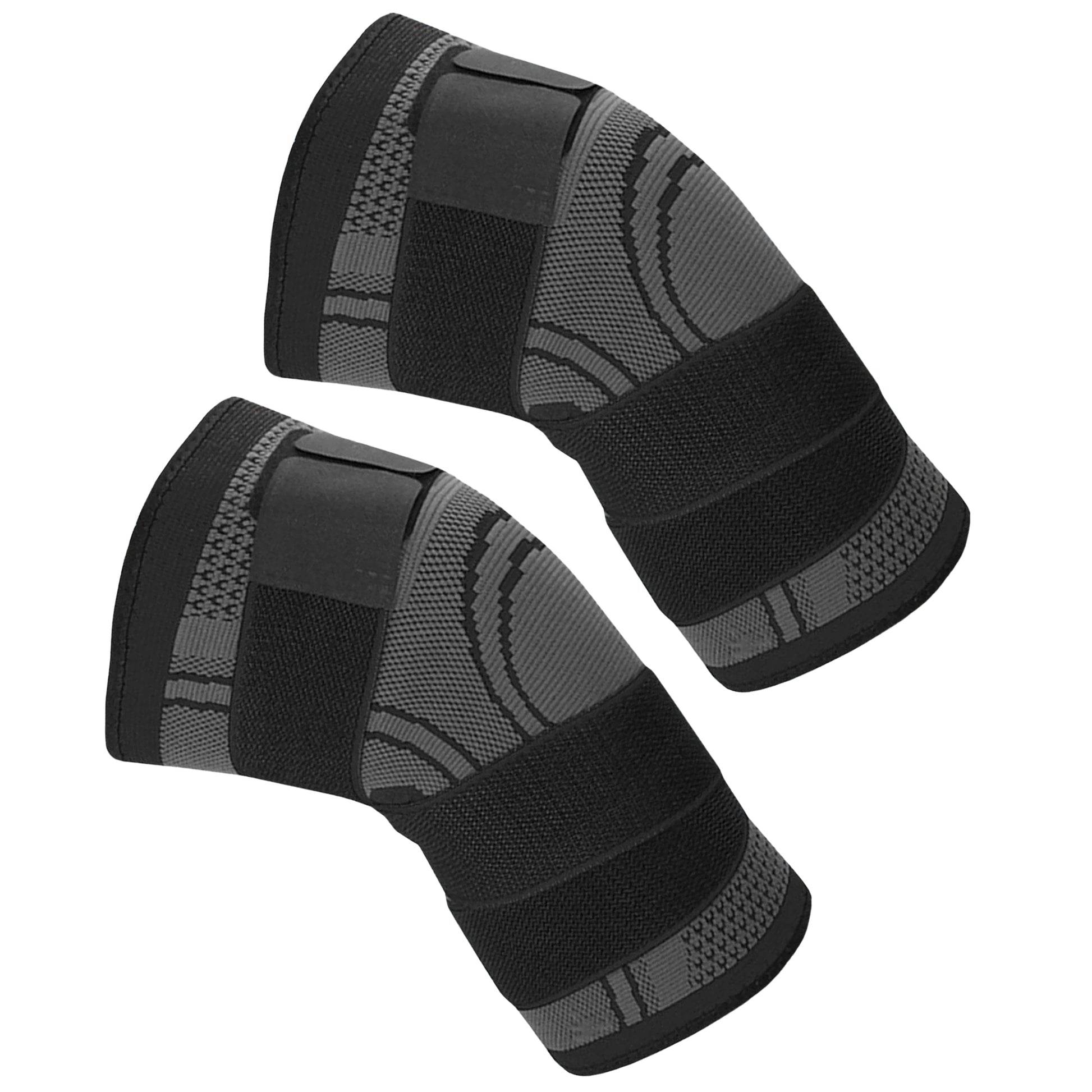 Pair of black and gray knee sleeves on a white background
