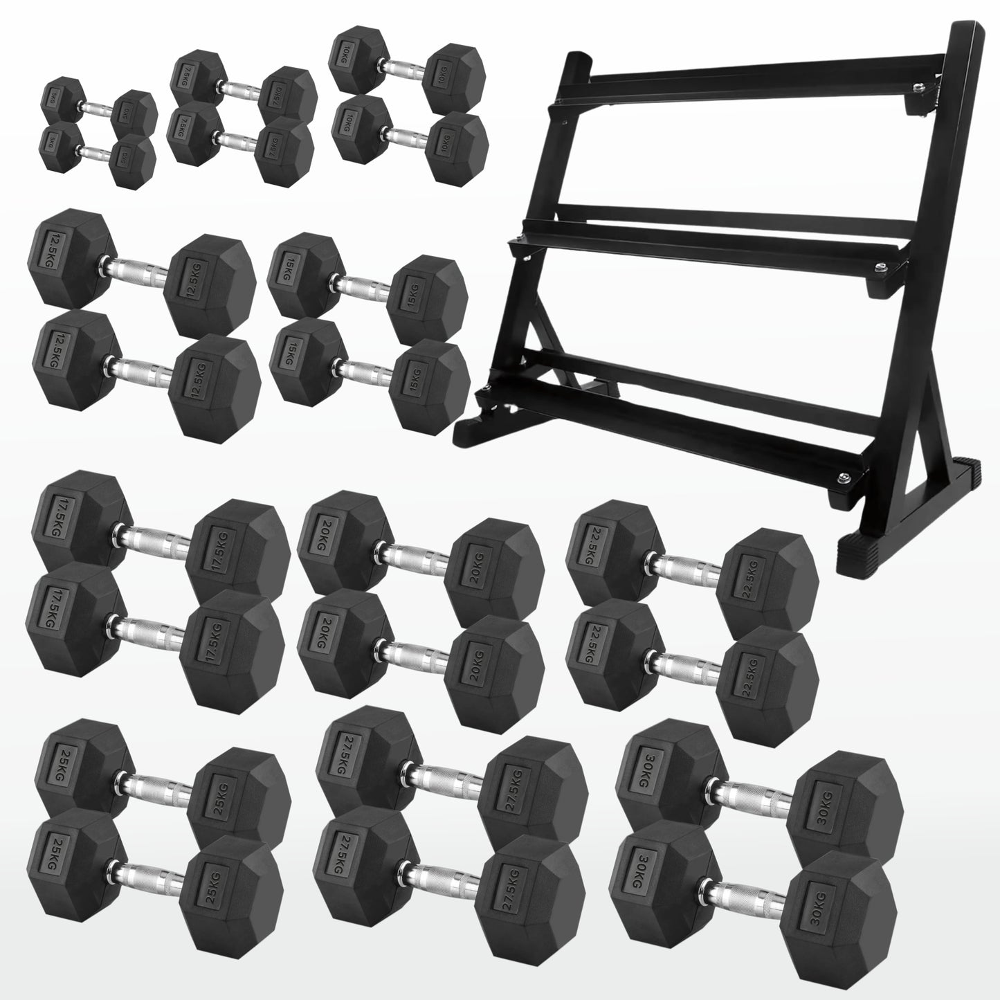 Premium Hex Dumbbells – Professional Rubber Coated Weights, Anti-Roll Design, Singles, Pairs or Sets to 60kg for Home Gym Strength Training