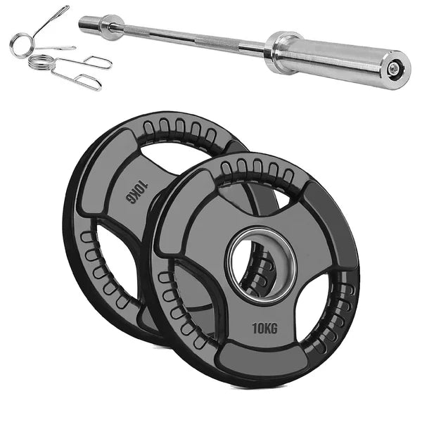 Two weight plates with a barbell and springs on a white background