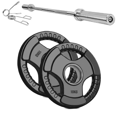 Two weight plates with a barbell and springs on a white background