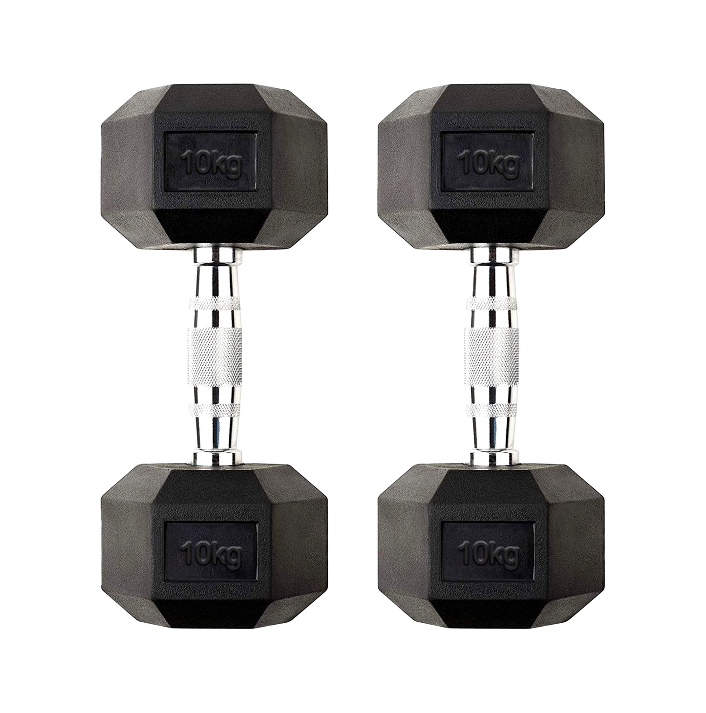 10kg Rubber Hex Dumbbells with Knurled Metal Handles – Floor-Safe Anti-Roll Free Weights for Strength Training, Conditioning & Home Gym Workouts