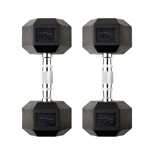 10kg Rubber Hex Dumbbells with Knurled Metal Handles – Floor-Safe Anti-Roll Free Weights for Strength Training, Conditioning & Home Gym Workouts