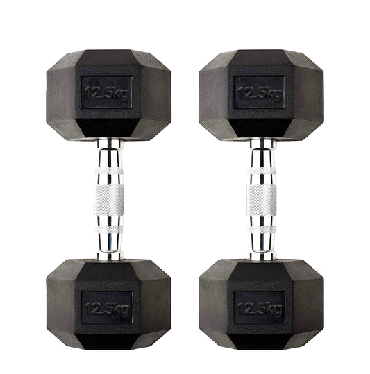 12.5kg Rubber Hex Dumbbells with Textured Metal Handles – Anti-Roll Free Weights for Strength Training, Power Building & Home Gym Workouts