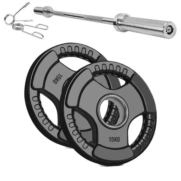 Barbell with weight plates and spring on a white background