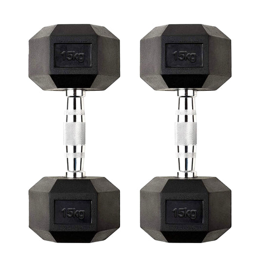 15kg Rubber Hex Dumbbells with Non-Slip Metal Handles – Heavy-Duty Free Weights for Muscle Building, Strength Training & Home Gym Workouts