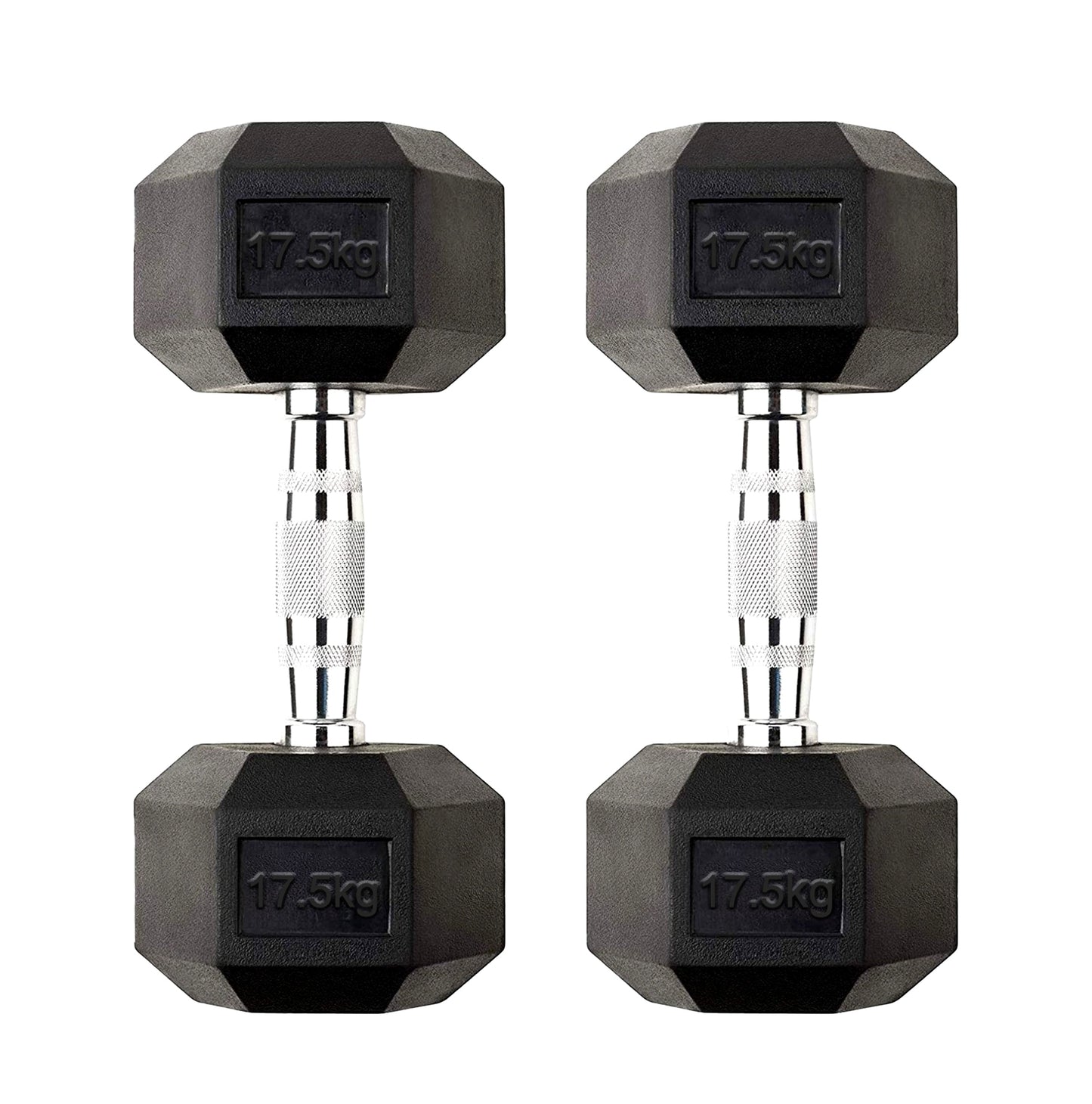 17.5kg Rubber Hex Dumbbells with Textured Steel Handles – Heavy Free Weights for Strength Training, Muscle Building & Home Gym Workouts