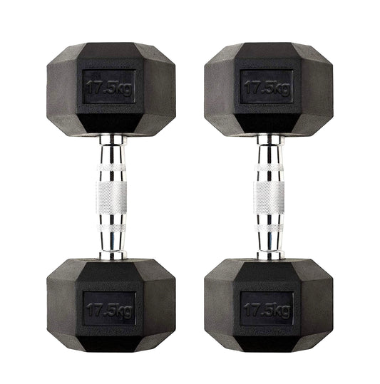 17.5kg Rubber Hex Dumbbells with Textured Steel Handles – Heavy Free Weights for Strength Training, Muscle Building & Home Gym Workouts