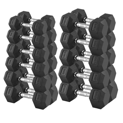Premium Hex Dumbbells – Professional Rubber Coated Weights, Anti-Roll Design, Singles, Pairs or Sets to 60kg for Home Gym Strength Training