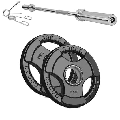 Two weight plates with a barbell and springs on a white background