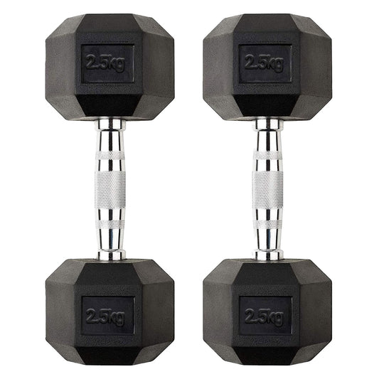 Pair of black hexagonal dumbbells with '2.5kg' marking on a white background