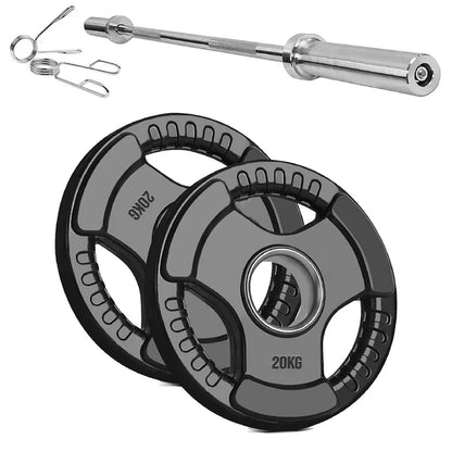 Two black weight plates with silver bar and springs on a white background