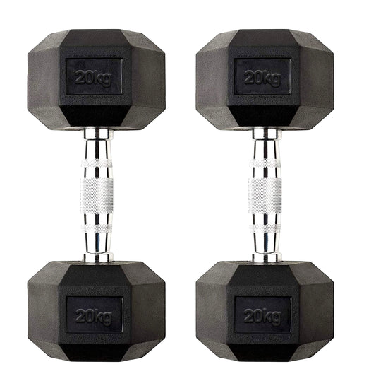 20kg Rubber Hex Dumbbells with Knurled Steel Handles – Heavy Free Weights for Strength Training, Powerlifting & Home Gym Muscle Building