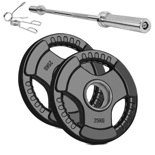 Two 25kg weight plates with a barbell and springs on a white background
