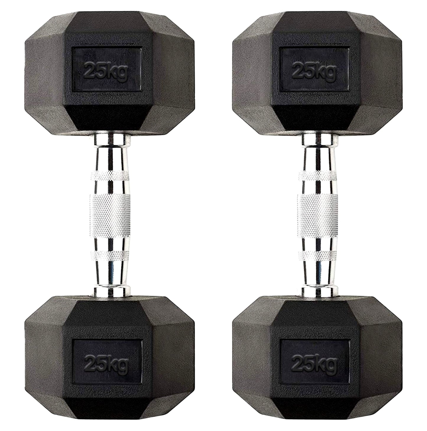 25kg Rubber Hex Dumbbells with Deep Knurled Handles – Heavy-Duty Free Weights for Strength Training, Power Workouts & Home Gym Muscle Building