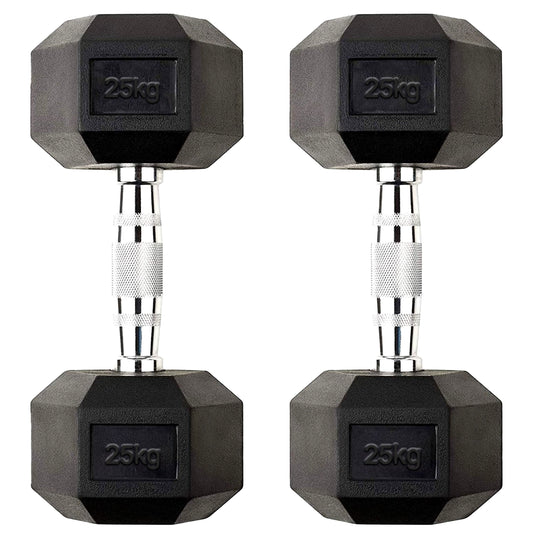 25kg Rubber Hex Dumbbells with Deep Knurled Handles – Heavy-Duty Free Weights for Strength Training, Power Workouts & Home Gym Muscle Building