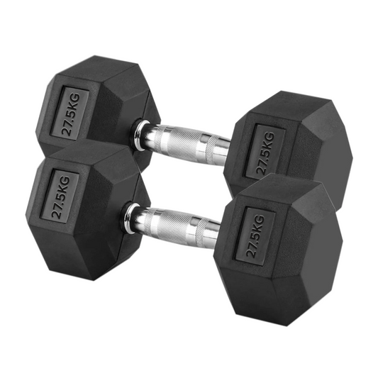 27.5kg Rubber Hex Dumbbells with Steel Grip Handles – Heavy-Duty Free Weights for Strength Training, Powerlifting & Home Gym Muscle Building