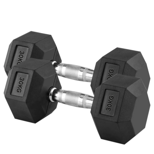 30kg Rubber Hex Dumbbells with Knurled Steel Handles – Heavy-Duty Free Weights for Strength Training, Muscle Building & Home Gym Power Workouts