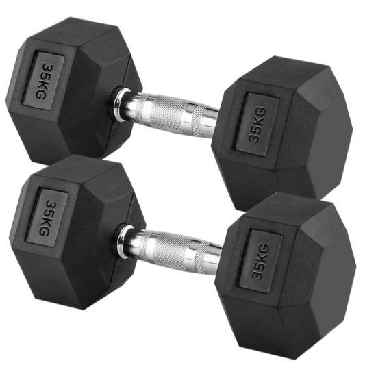 35kg Rubber Hex Dumbbells with Textured Chrome Handles – Heavy-Duty Free Weights for Strength Training, Powerlifting & Home Gym Muscle Building