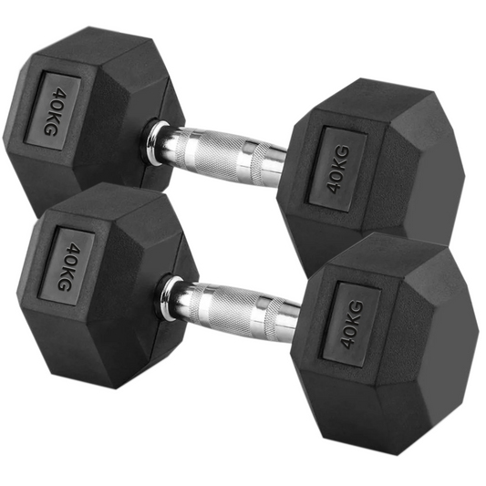 40kg Rubber Hex Dumbbells with Chrome Steel Handles – Heavy-Duty Free Weights for Strength Training, Muscle Building & Advanced Home Gym Workouts
