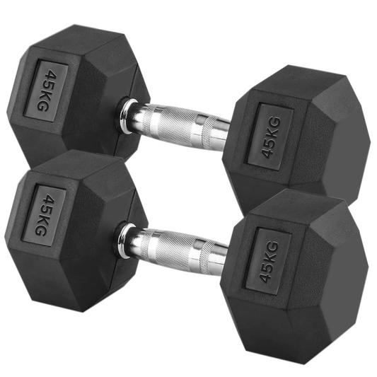 45kg Rubber Hex Dumbbells with Deep-Knurled Steel Handles – Heavy-Duty Free Weights for Strength Training, Muscle Building & Advanced Home Gym Workouts
