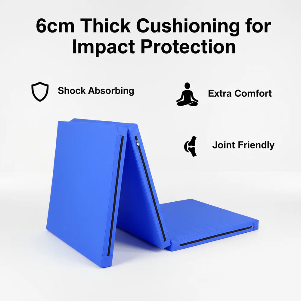 Blue folding mat with text highlighting its features on a white background