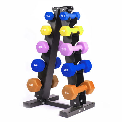 Neoprene Dumbbell Tree Rack – 3-Tier or 5-Tier Space-Saving Stand with Heavy-Duty Steel & Powder-Coated Finish for Home Gym