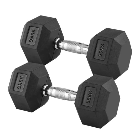 55kg Rubber Hex Dumbbells with Heavy-Duty Steel Handles – Anti-Roll Free Weights for Strength Training, Powerlifting & Advanced Home Gym Performance