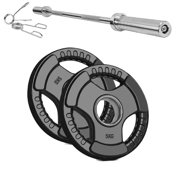 Barbell with two weight plates and a spring on a white background