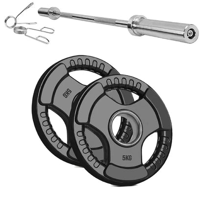 Barbell with two weight plates and a spring on a white background