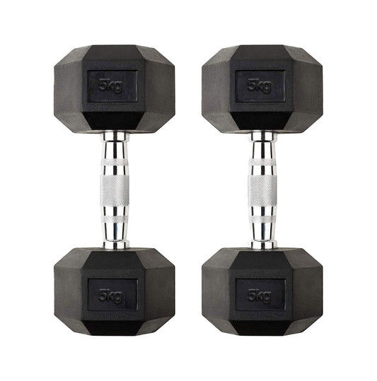 5kg Rubber Hex Dumbbells with Metal Handles – Durable Anti-Roll Free Weights for Home Gym Strength Training, Toning & Resistance Workouts