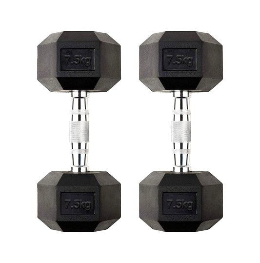 7.5kg Rubber Hex Dumbbells with Anti-Slip Metal Handles – Compact Free Weights for Home Gym Muscle Building, Strength Training & Daily Fitness Use
