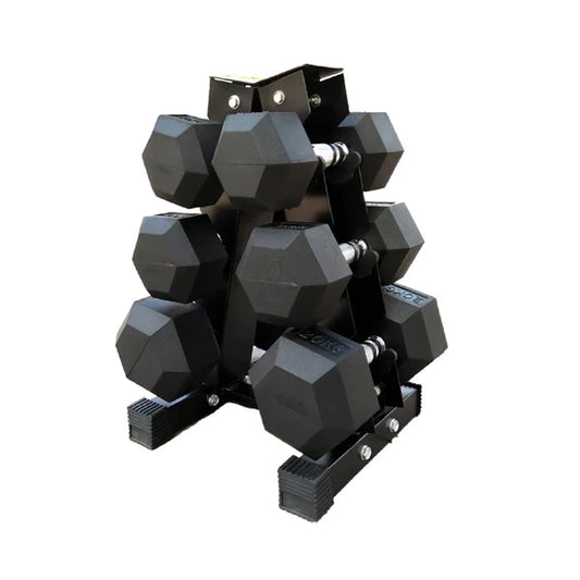 Premium Hex Dumbbells with Storage Rack – Rubber-Coated Cast Iron Weights 2.5kg to 15kg for Home Gym Strength Training