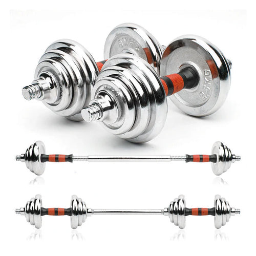 Set of silver dumbbells with red accents on a white background