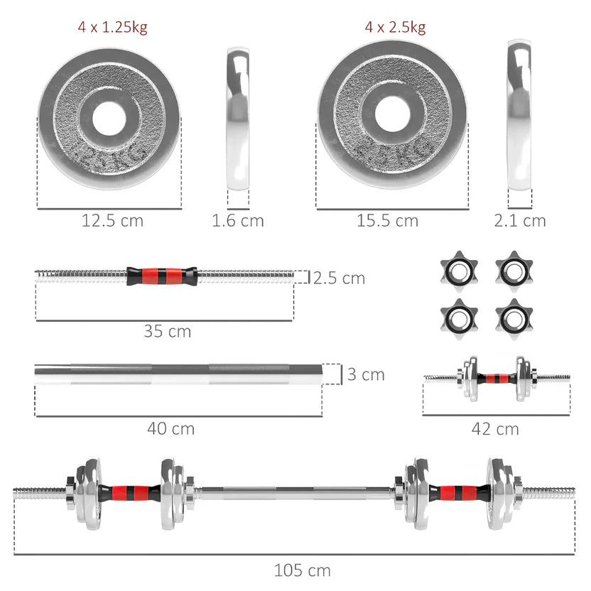 Measurement chart of a barbell set with weights, rods, and attachments on a white background.