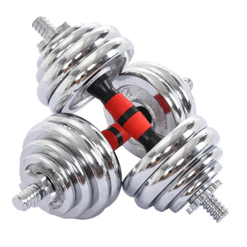 Pair of chrome dumbbells with red and black accents on a white background