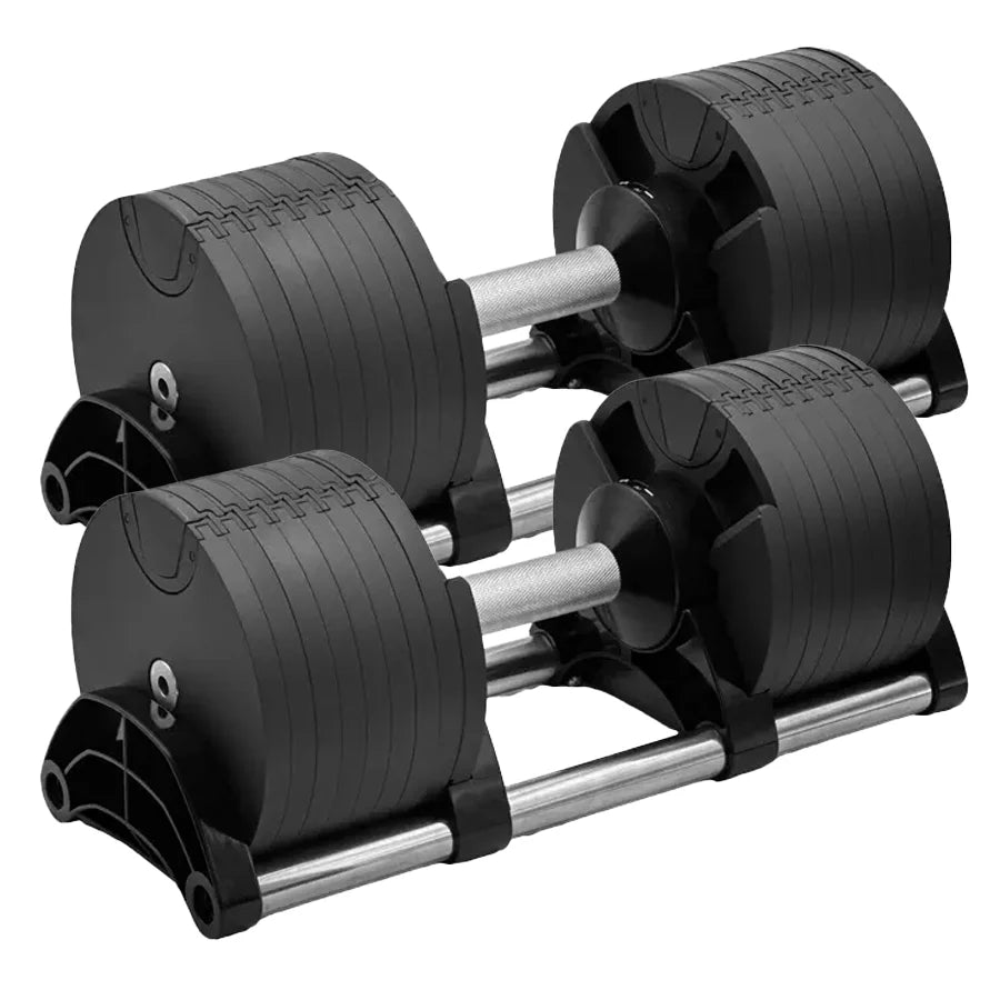 Pair of adjustable dumbbells on a white background