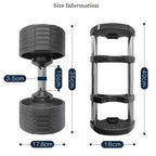 Black dumbbell with measurement details on a white background