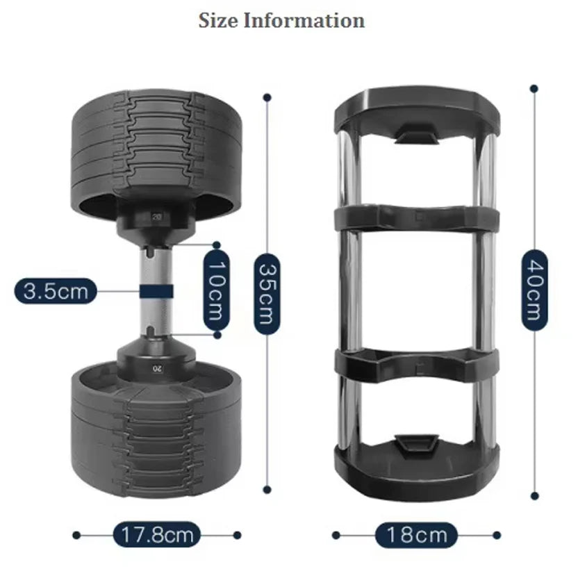 Black dumbbell with measurement details on a white background